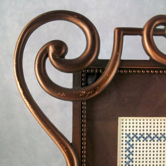 Cross Stitch Raggedy Ann Doll Antiqued Copper Openwork Scroll Metal Frame 7" x 9 - Picture 4 of 5